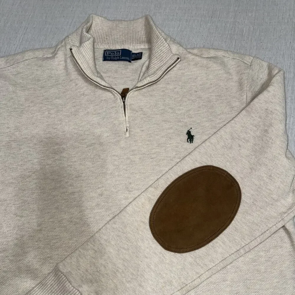 Polo Ralph Lauren Mens Sweater XXL Cream 100% Pima Cotton 1/4 Zip Sweater Patch